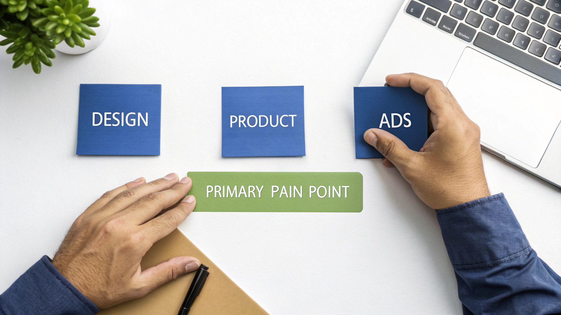 Hands arranging business strategy cards labeled 'DESIGN', 'PRODUCT', 'ADS' and 'PRIMARY PAIN POINT' on a white desk.