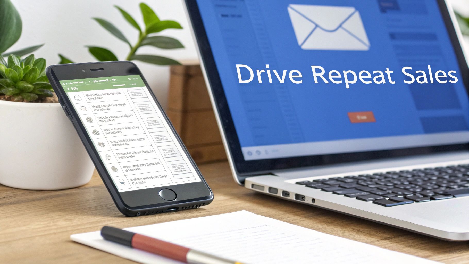 A laptop displaying 'Drive Repeat Sales' next to a smartphone on a wooden desk with a pen and plant.