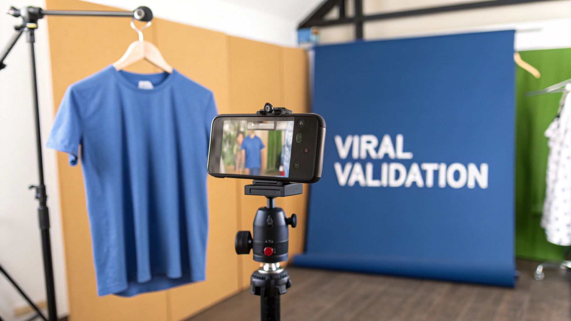 A smartphone on a tripod records a blue t-shirt with a 'VIRAL VALIDATION' banner.