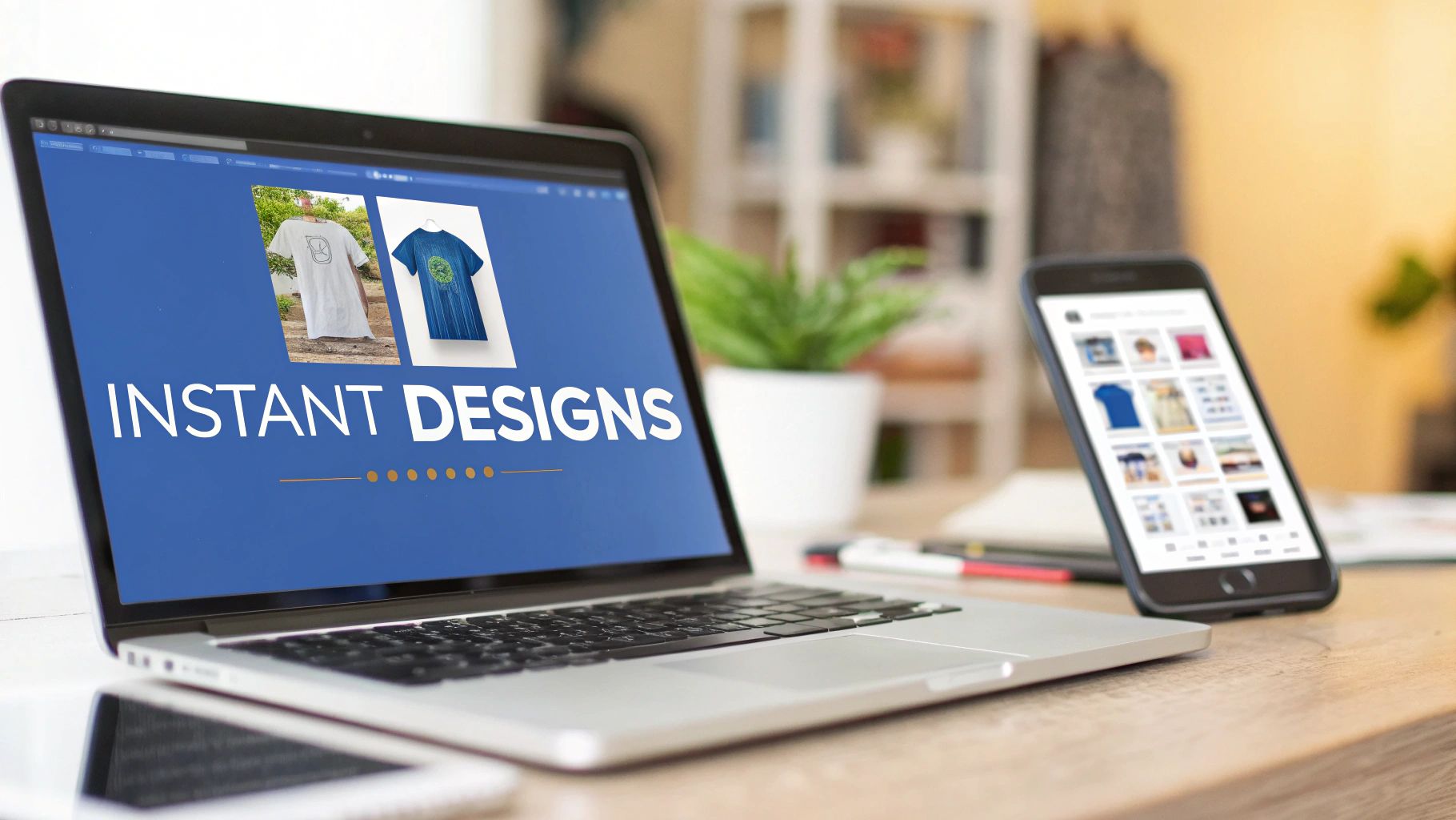 Laptop displaying 'Instant Designs' and T-shirt mockups, with a smartphone showing product gallery.