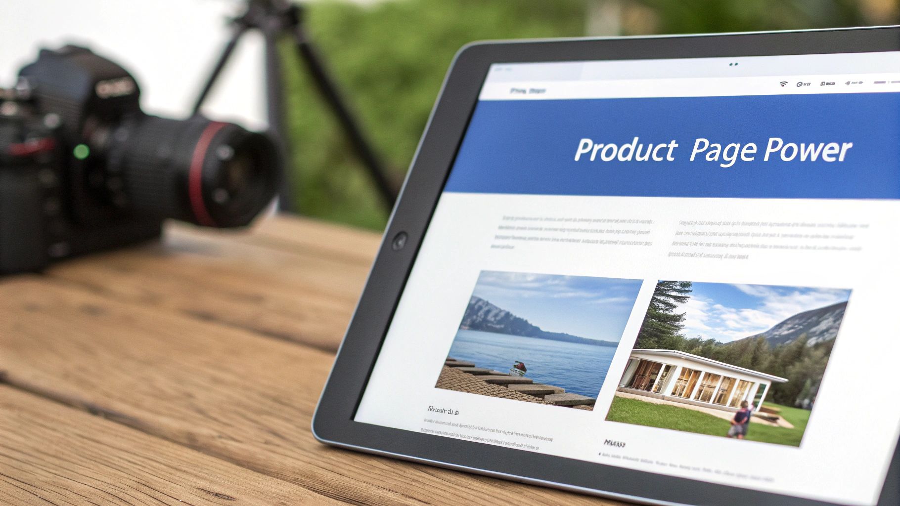 A tablet displaying a 'Product Page Power' webpage with scenic images, resting on a wooden table near a camera.