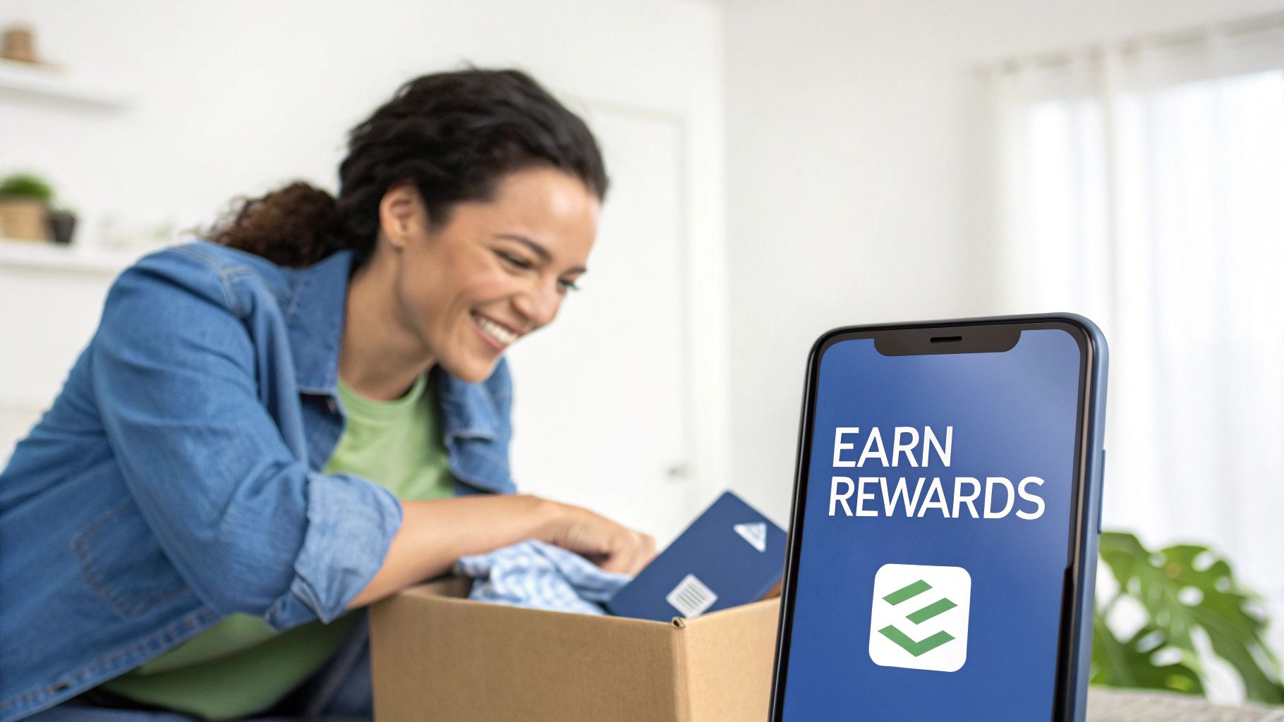 A smiling woman unboxes a package while a smartphone displays an 'Earn Rewards' app.