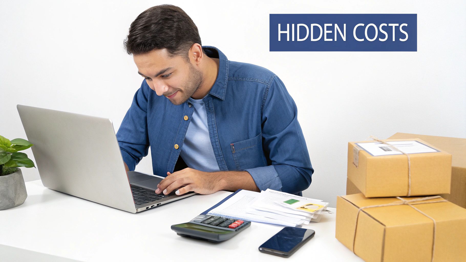 A man on a laptop at a desk with packages, a calculator, and 'HIDDEN COSTS' banner.