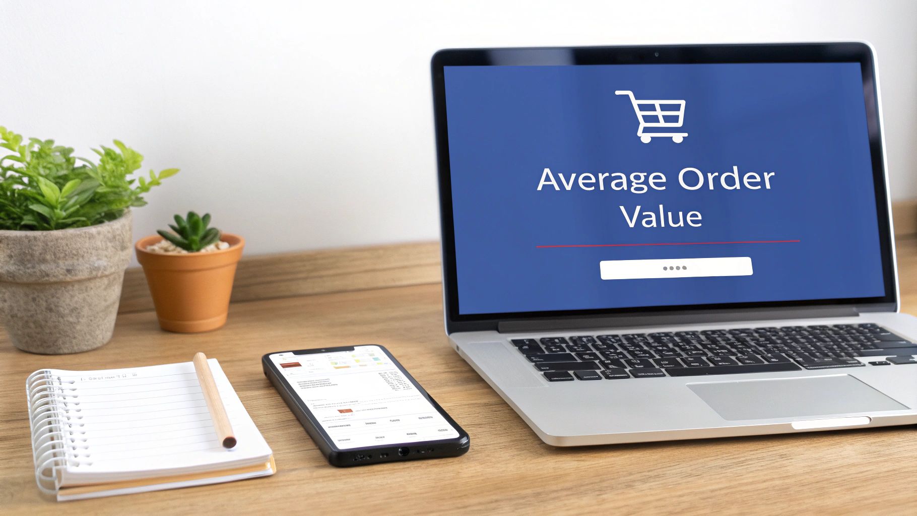 Laptop displaying 'Average Order Value' with a shopping cart icon, smartphone, notepad, and plants on a desk.