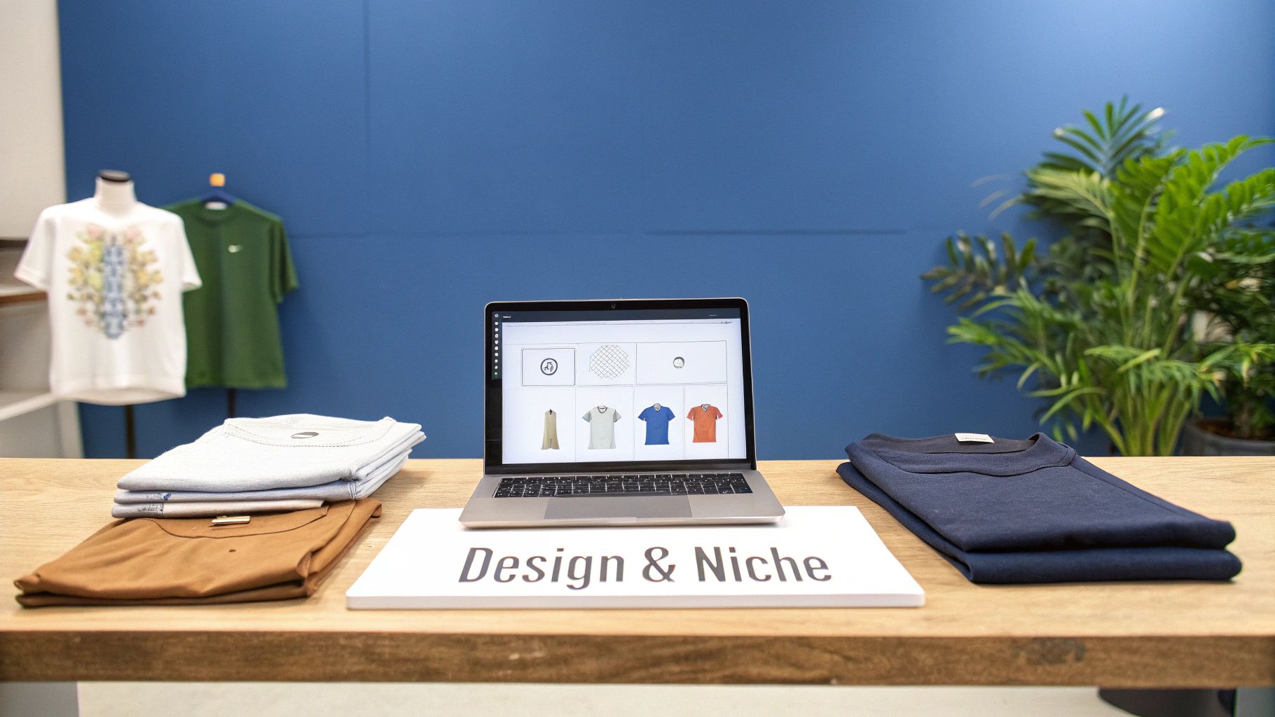 A laptop displaying t-shirt designs sits on a wooden table with folded apparel and mannequins.
