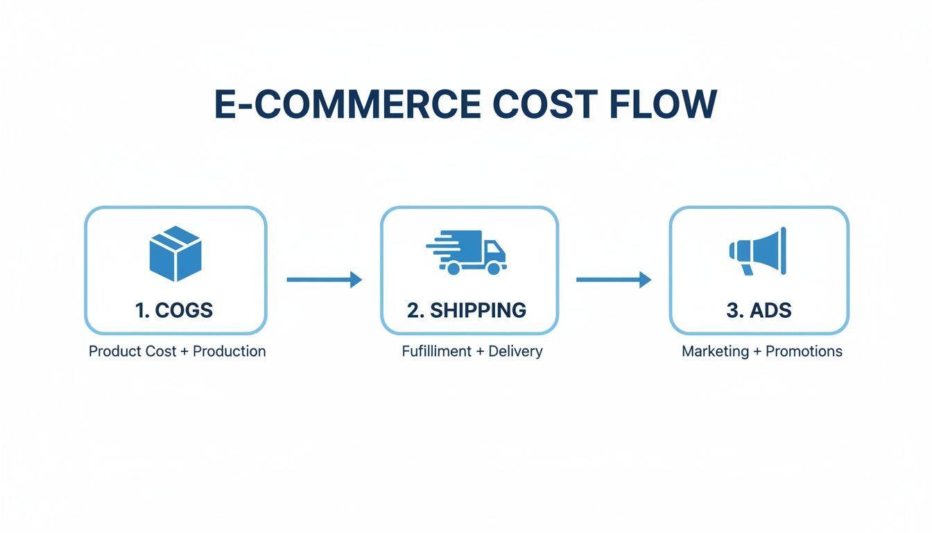 E-commerce cost flow diagram showing product cost (COGS), shipping, and advertising expenses.