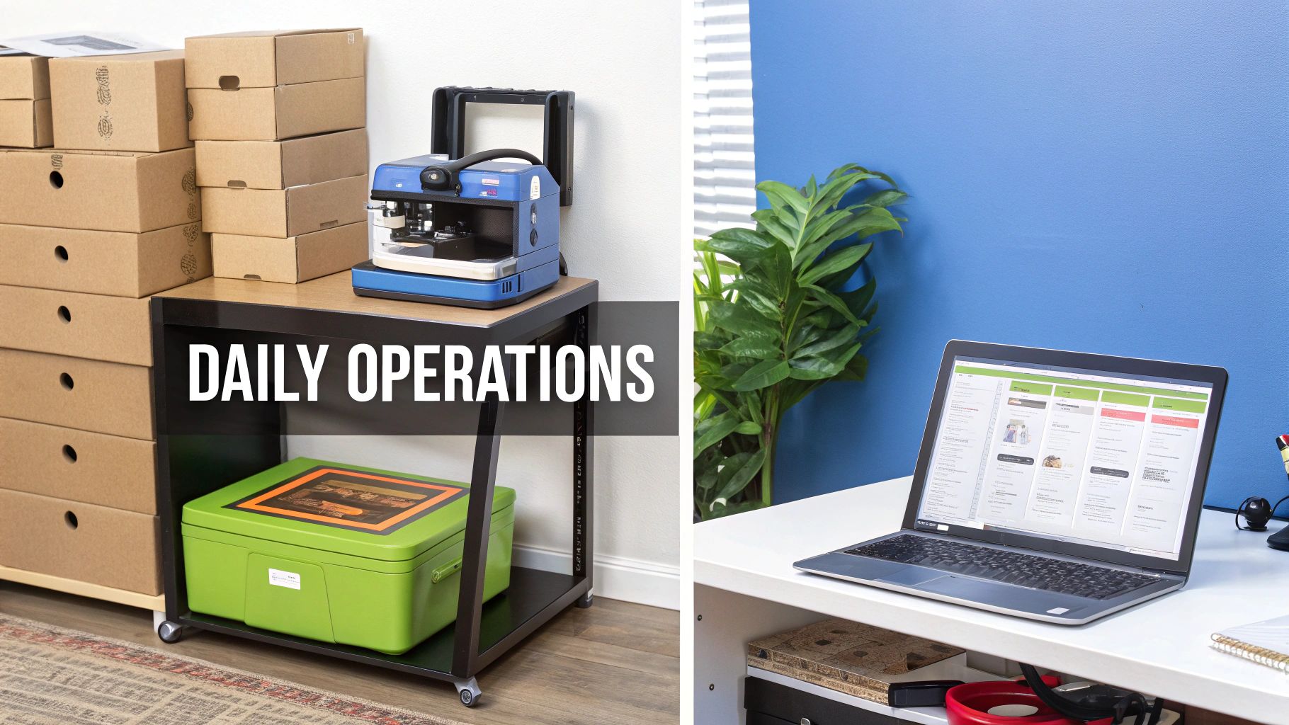 A split image showing daily operations: a crafting machine with boxes and an office desk with a laptop.