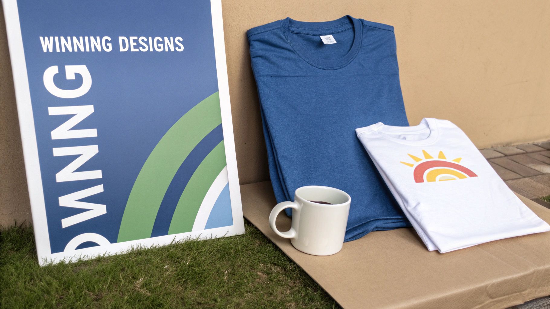 Winning Designs sign, blue and white t-shirts with a rainbow, and a mug on cardboard outdoors.