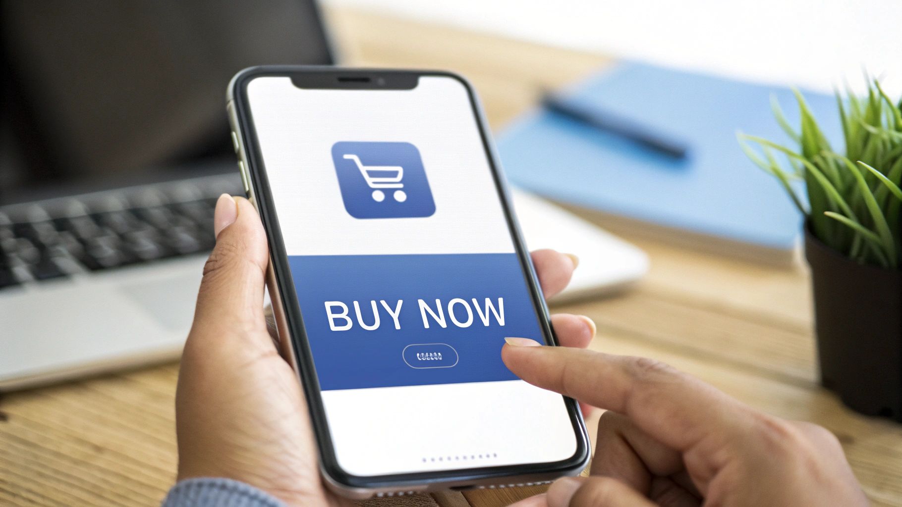 A person's finger tapping a 'BUY NOW' button on a smartphone for online shopping.