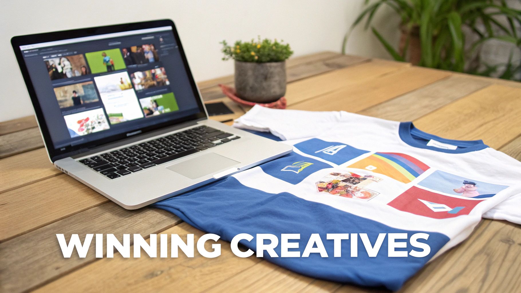 A laptop displaying creative designs next to a white and blue t-shirt printed with colorful images, on a wooden desk.