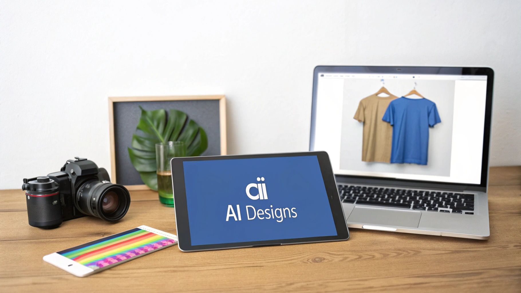 A creative workspace featuring a camera, laptop showing t-shirt designs, tablet with AI Designs, and a smartphone.