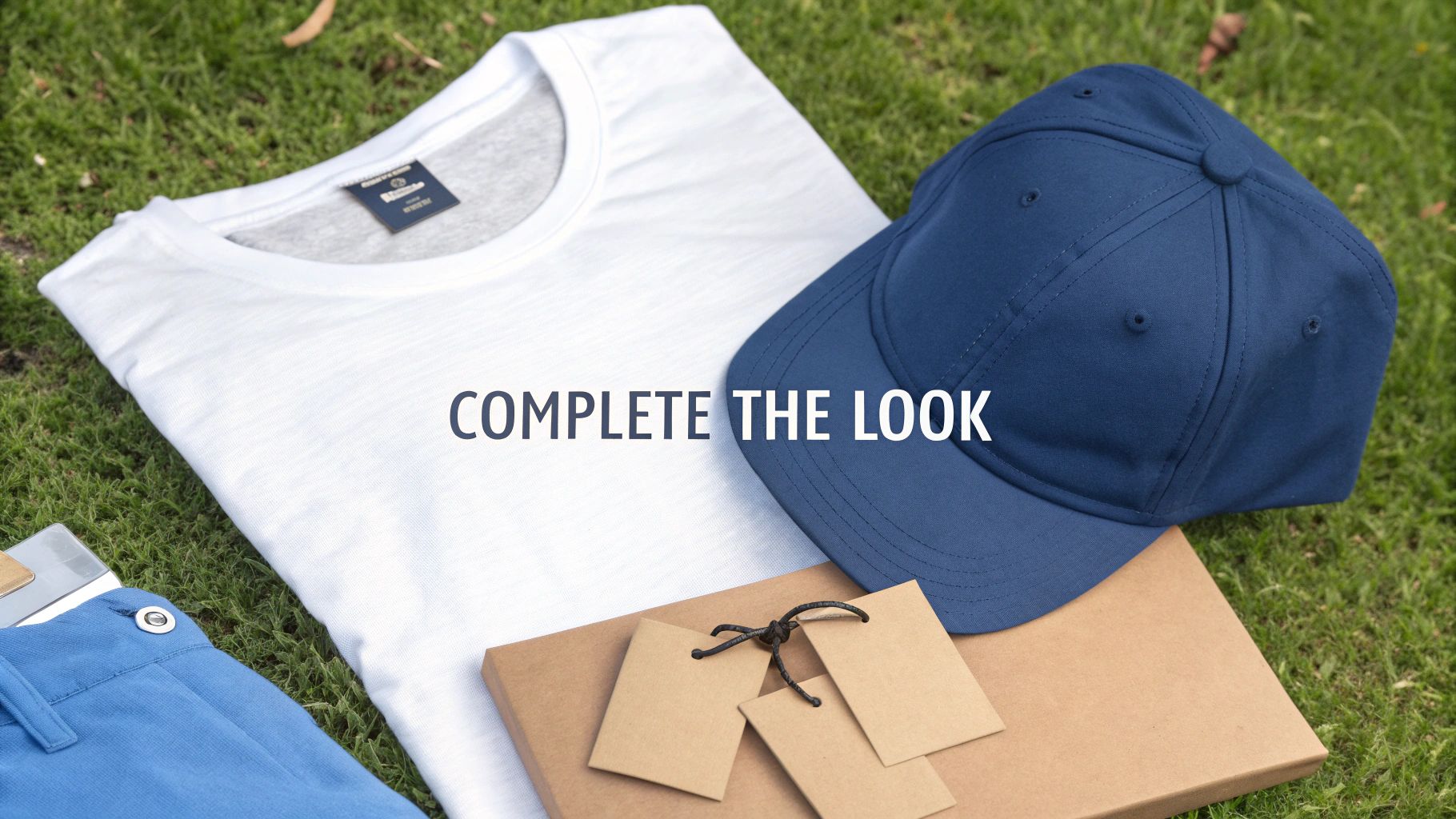 Casual men's outfit featuring a white t-shirt, blue cap, and shorts laid on green grass.