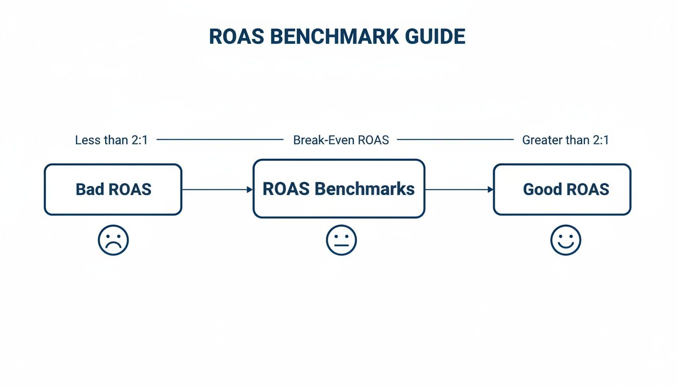 A ROAS benchmark guide flow chart illustrating bad, break-even, and good return on ad spend levels.