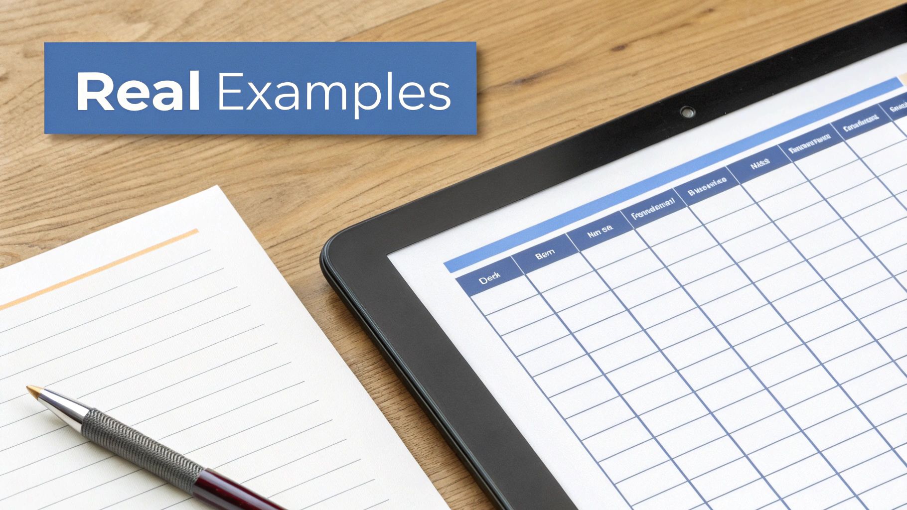 A blue banner with 'Real Examples' text, a notepad, pen, and a tablet displaying a spreadsheet on a wooden desk.