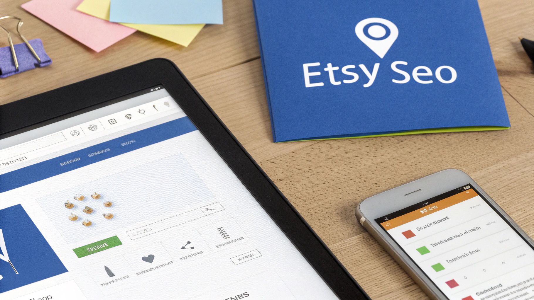 A workspace with a tablet, smartphone, and 'Etsy SEO' folder on a wooden desk, showing digital marketing for online sales.