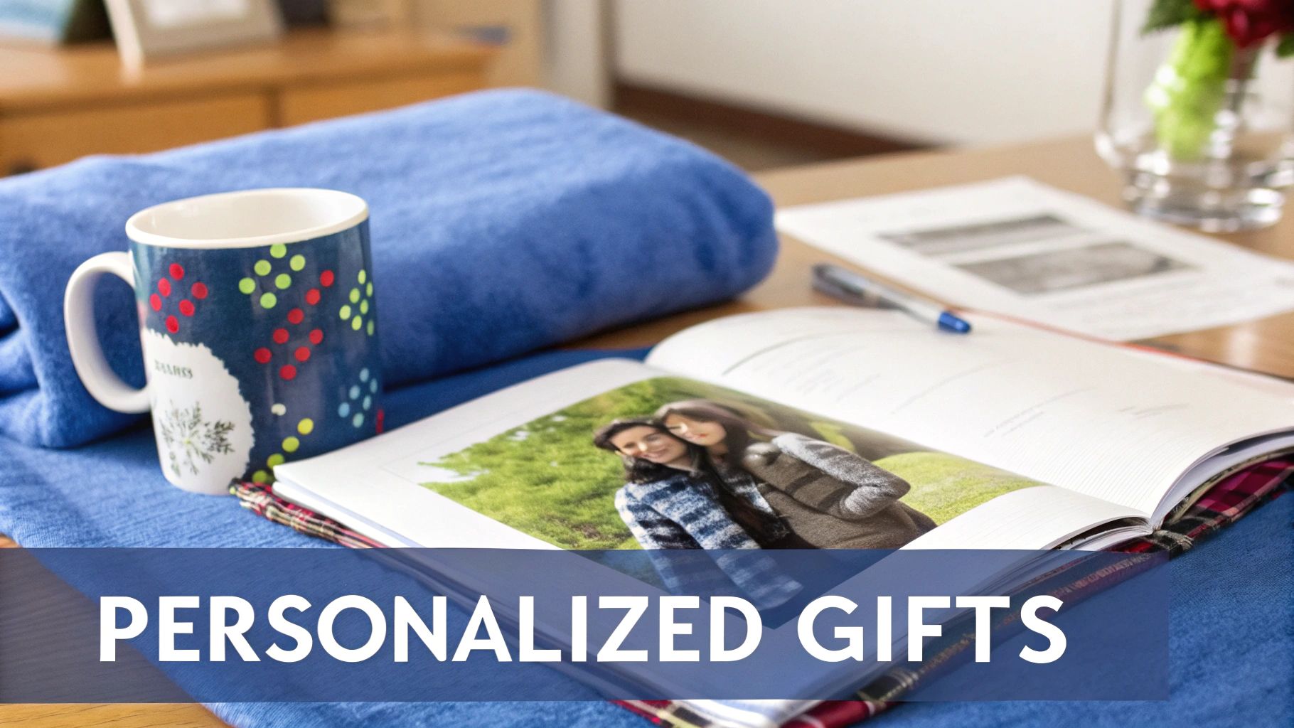 A tabletop setting with personalized gifts: a patterned mug, a blue blanket, and an open photo album featuring two women.