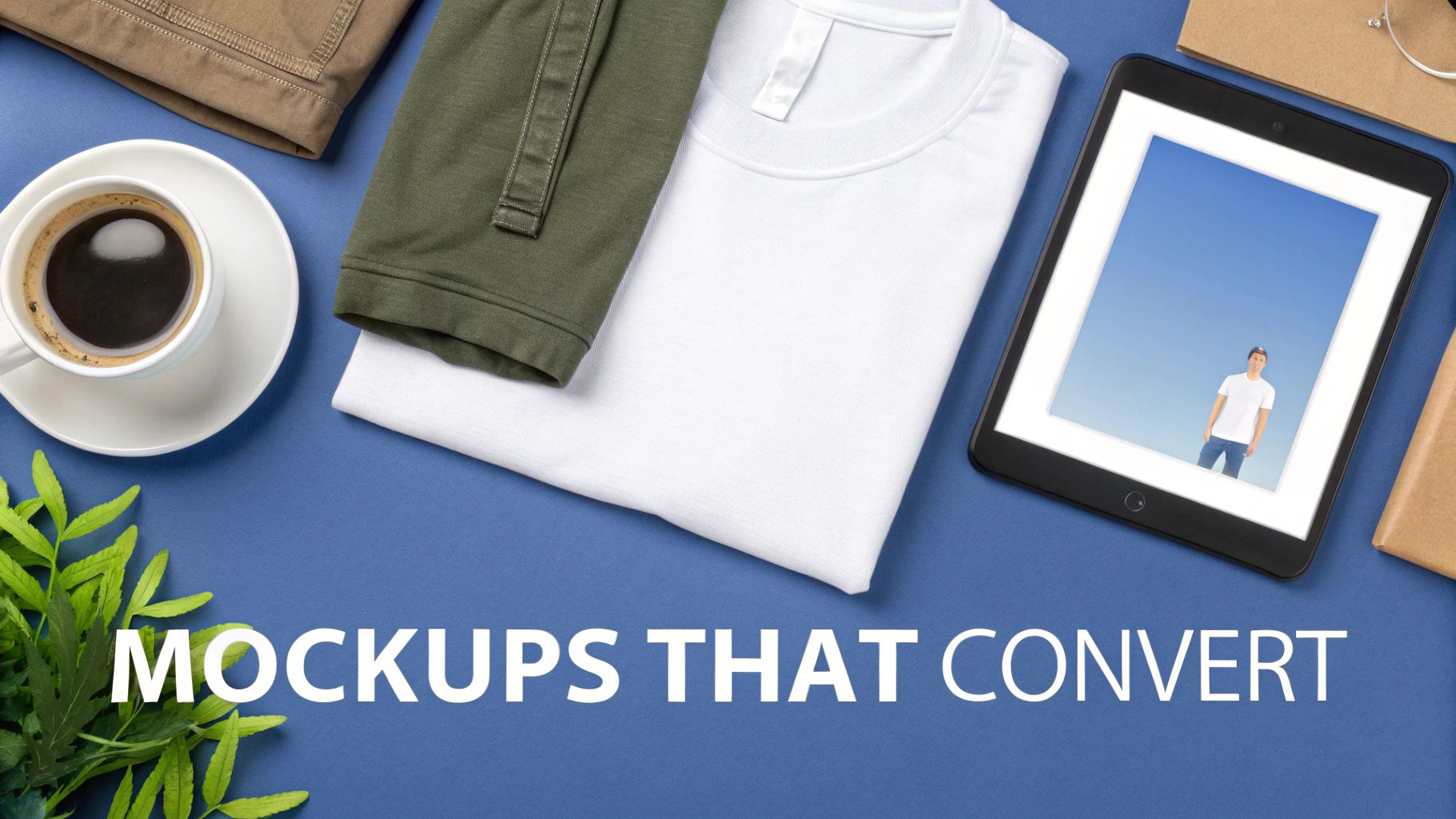 A flat lay features a white t-shirt, green long-sleeve, coffee, and a tablet displaying a t-shirt mockup.