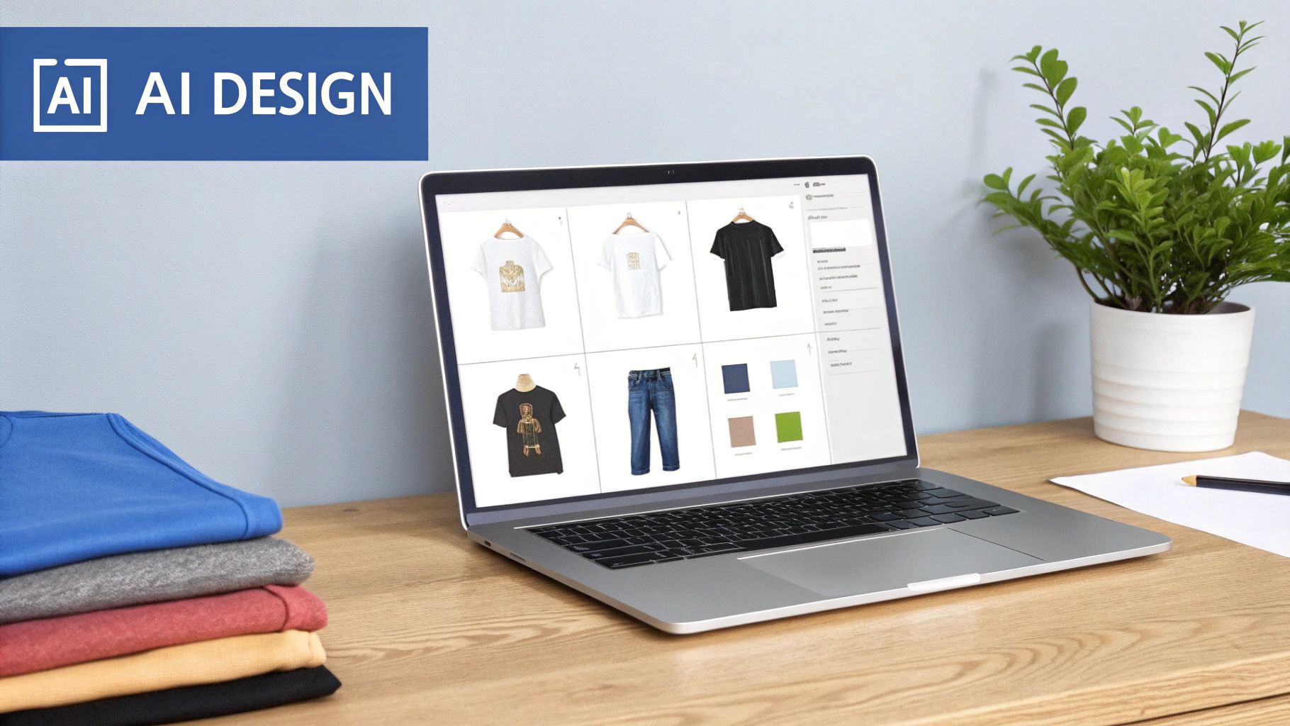 A laptop shows AI design software for clothing on a wooden desk with stacked t-shirts and a plant.