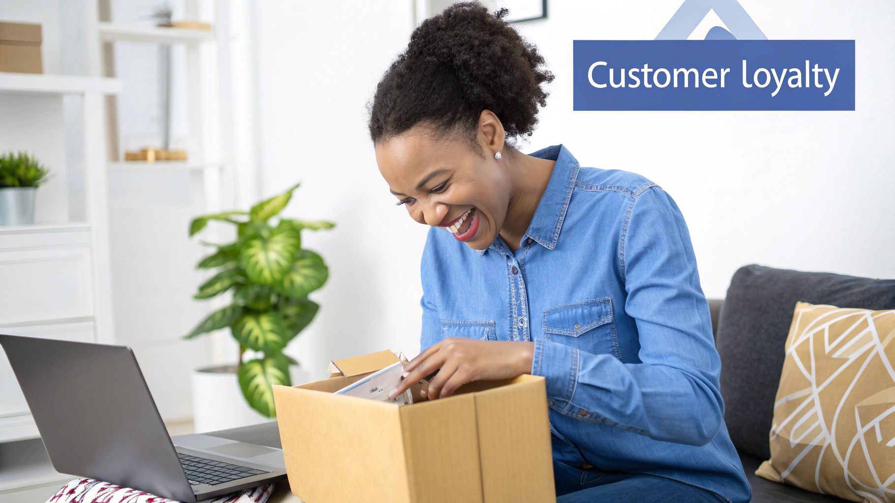 A joyful Black woman unboxing a delivery, symbolizing strong customer loyalty and satisfaction.