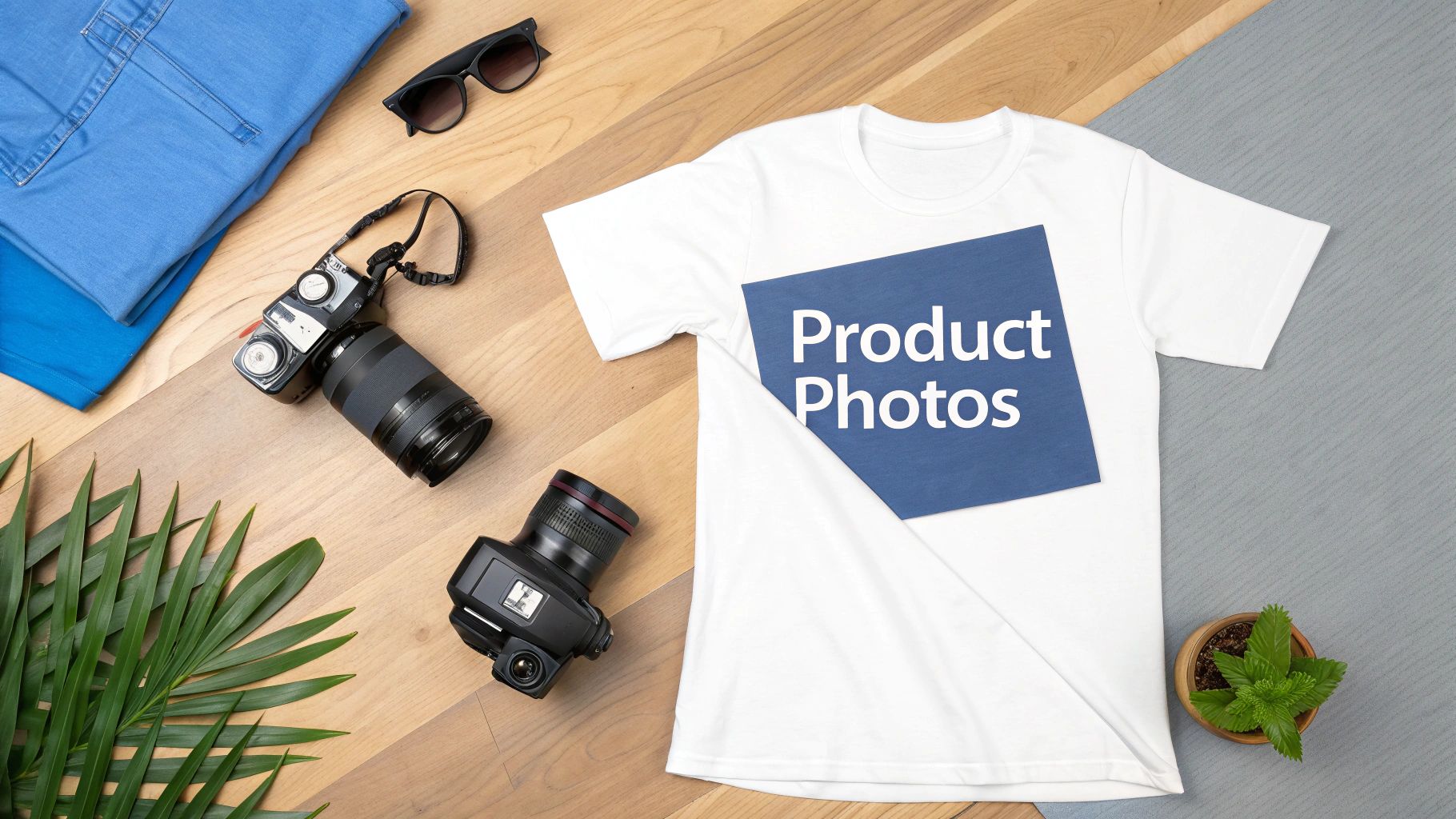 A flat lay shot of product photography essentials, including a white t-shirt, cameras, sunglasses, and clothes on a wooden background.
