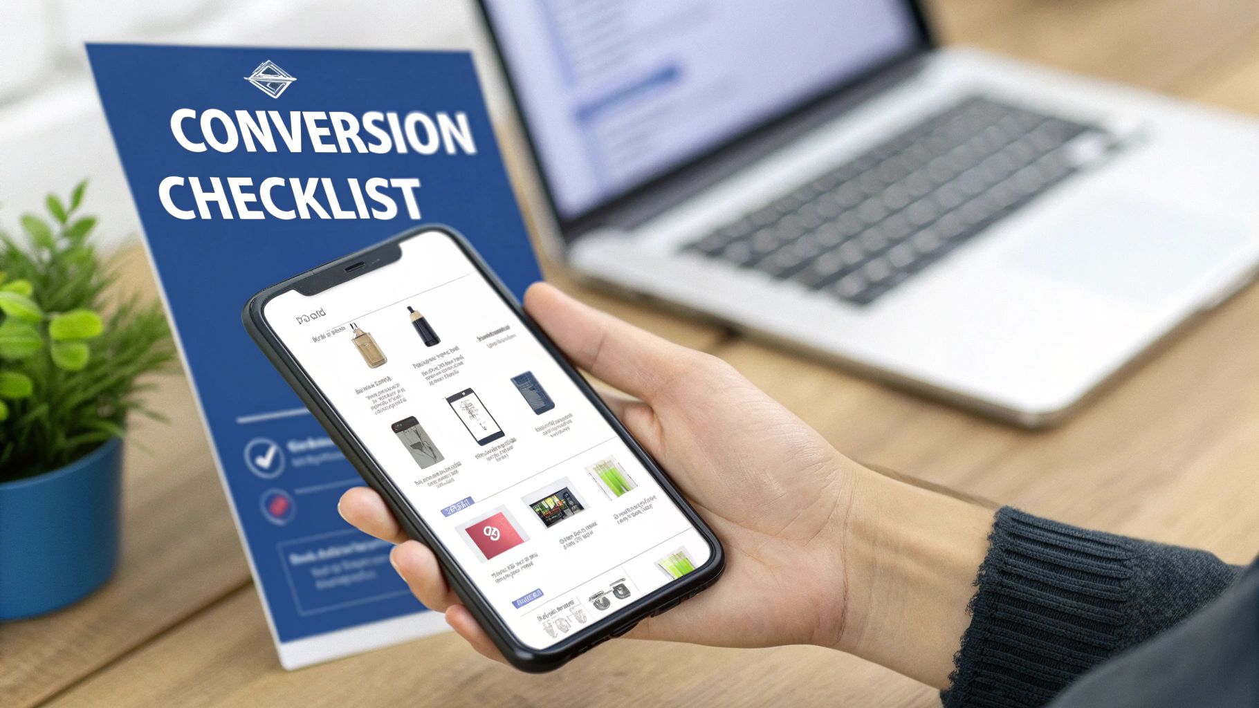 A hand holds a smartphone showing product listings, with a 'Conversion Checklist' document and laptop in the background.