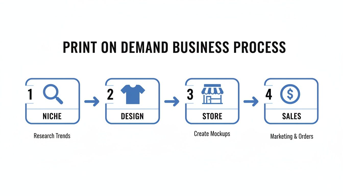 A flowchart outlining the four steps of a print on demand business process, from niche research to sales.