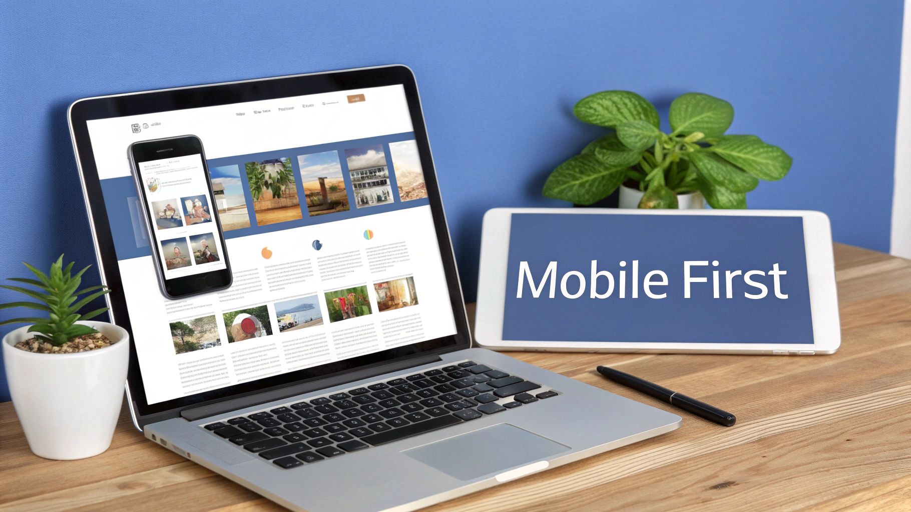 A laptop, smartphone, and tablet on a wooden desk, illustrating responsive web design with 'Mobile First' text.