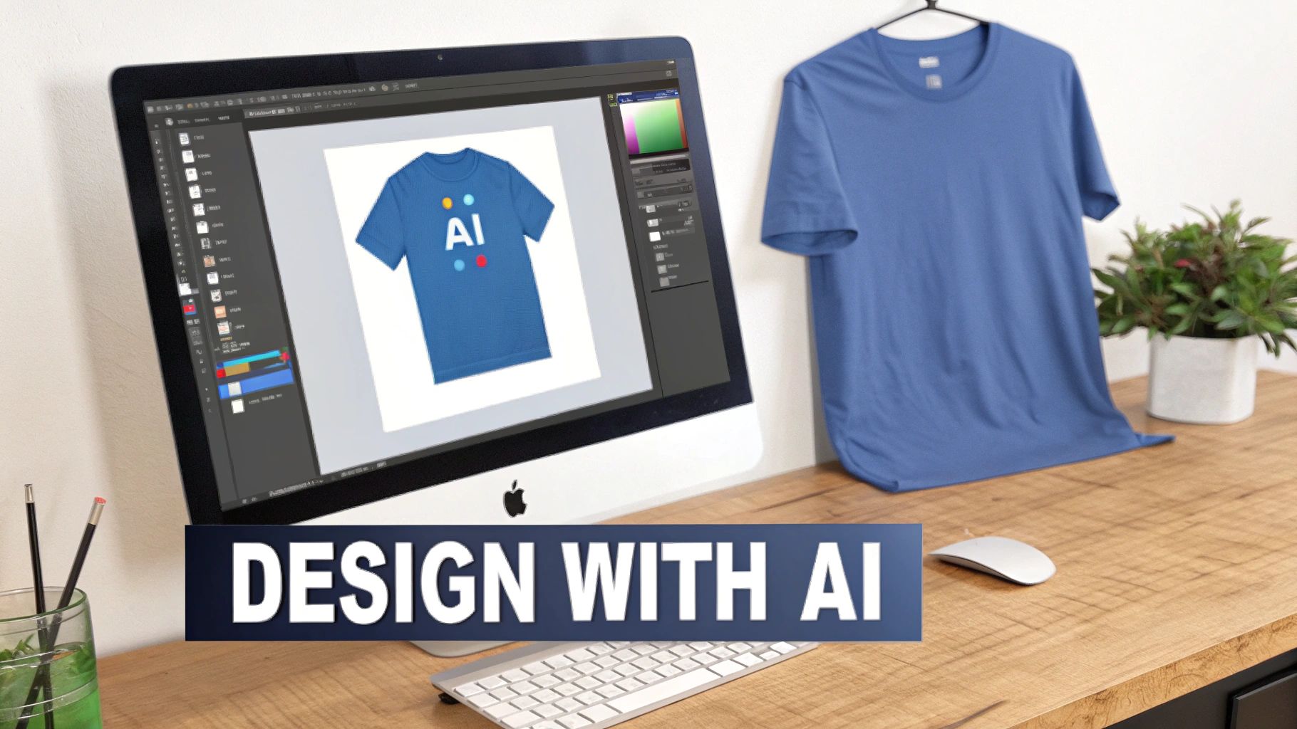 A computer displays a blue t-shirt design with 'AI' logo next to a hanging blue t-shirt, promoting 'Design with AI'.