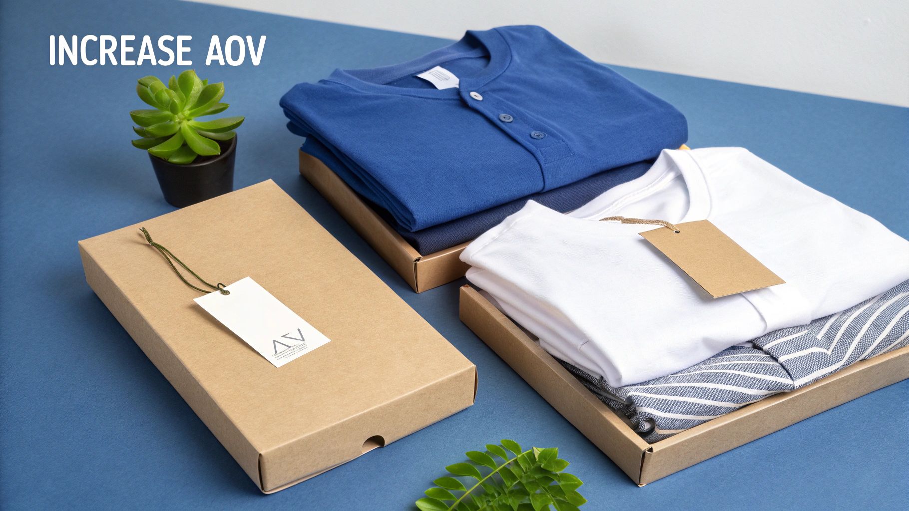Three gift boxes with neatly folded blue, white, and striped apparel, with tags, to increase AOV.