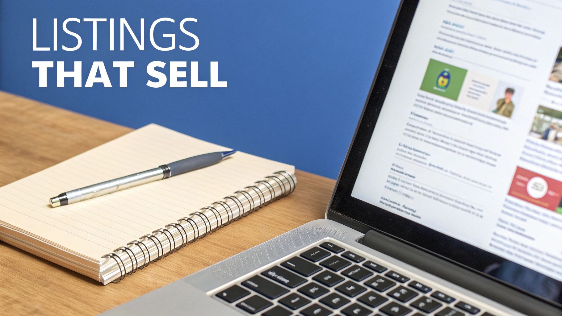 A desk with a laptop, spiral notebook, and pen, alongside the text 'LISTINGS THAT SELL' on blue.