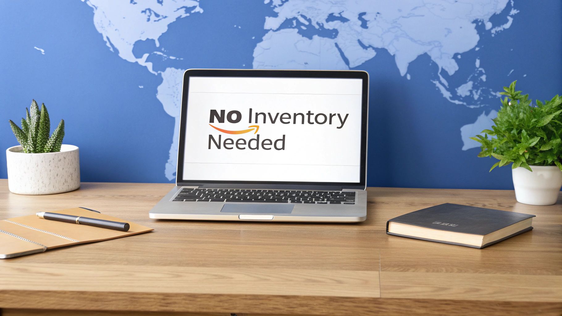 A laptop on a wooden desk displays 'NO Inventory Needed' with an Amazon logo, against a world map.