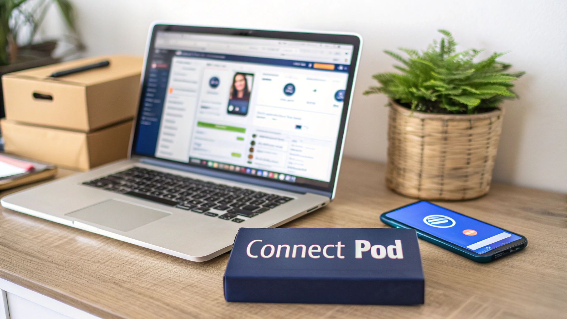 A laptop, smartphone, and 'Connect Pod' box on a wooden desk, showcasing a modern workspace.