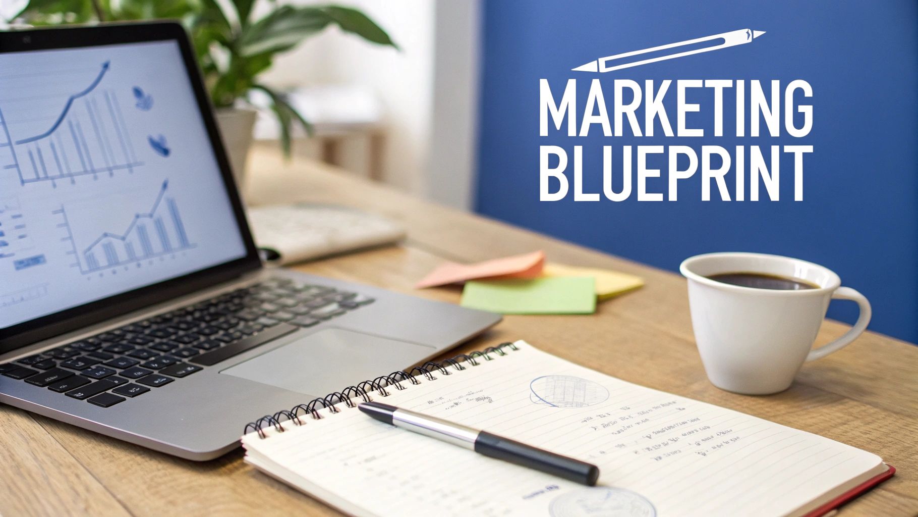 A desk setup with a laptop showing a marketing charts, a notebook, coffee, and 'Marketing Blueprint' text.