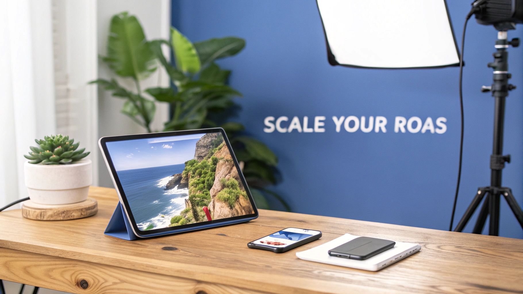 A desk with a tablet displaying a coastal landscape, smartphone, succulent, and "SCALE YOUR ROAS" text.