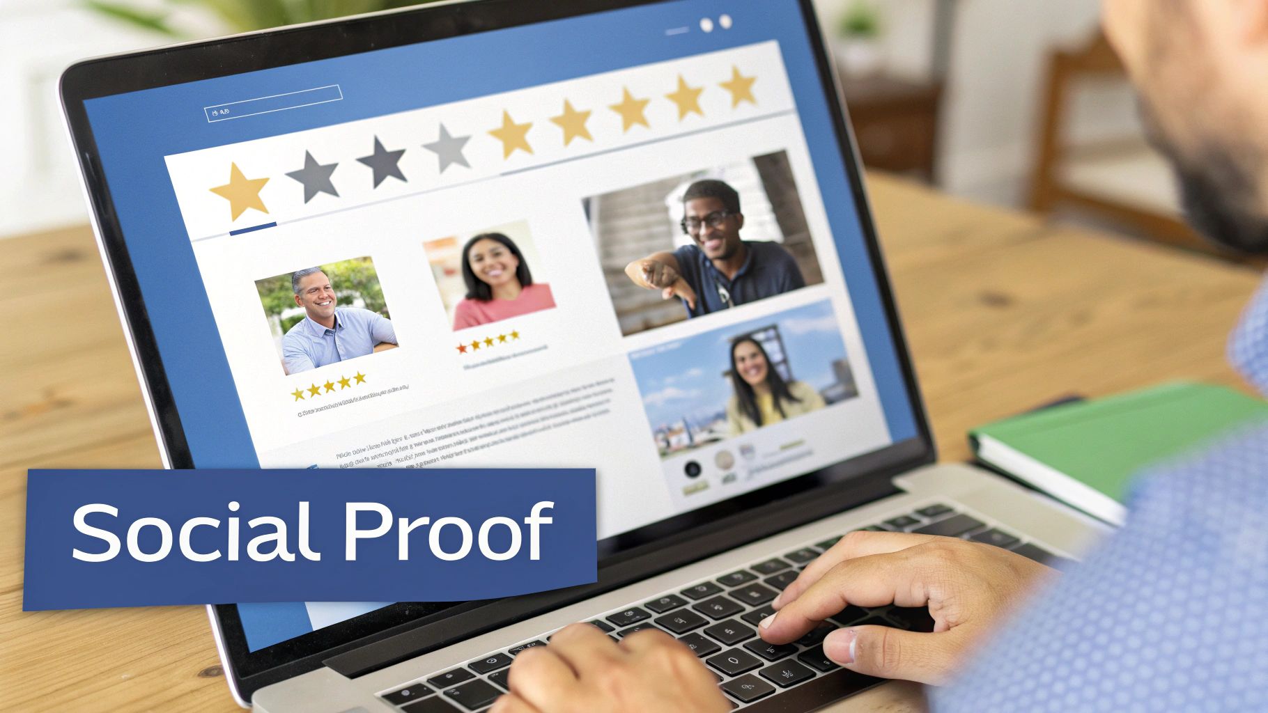 Person viewing customer reviews and star ratings on a laptop, with a 'Social Proof' banner.