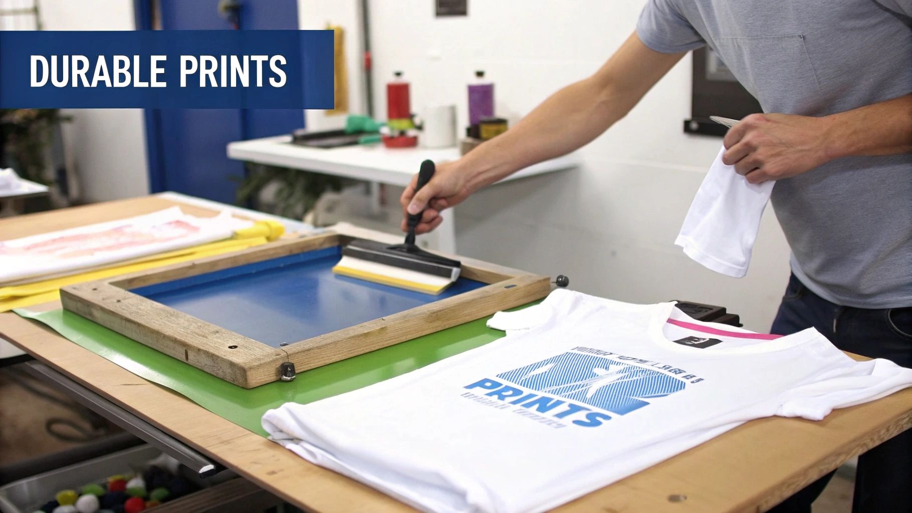 A person uses a squeegee to screen print a blue graphic onto a white t-shirt.