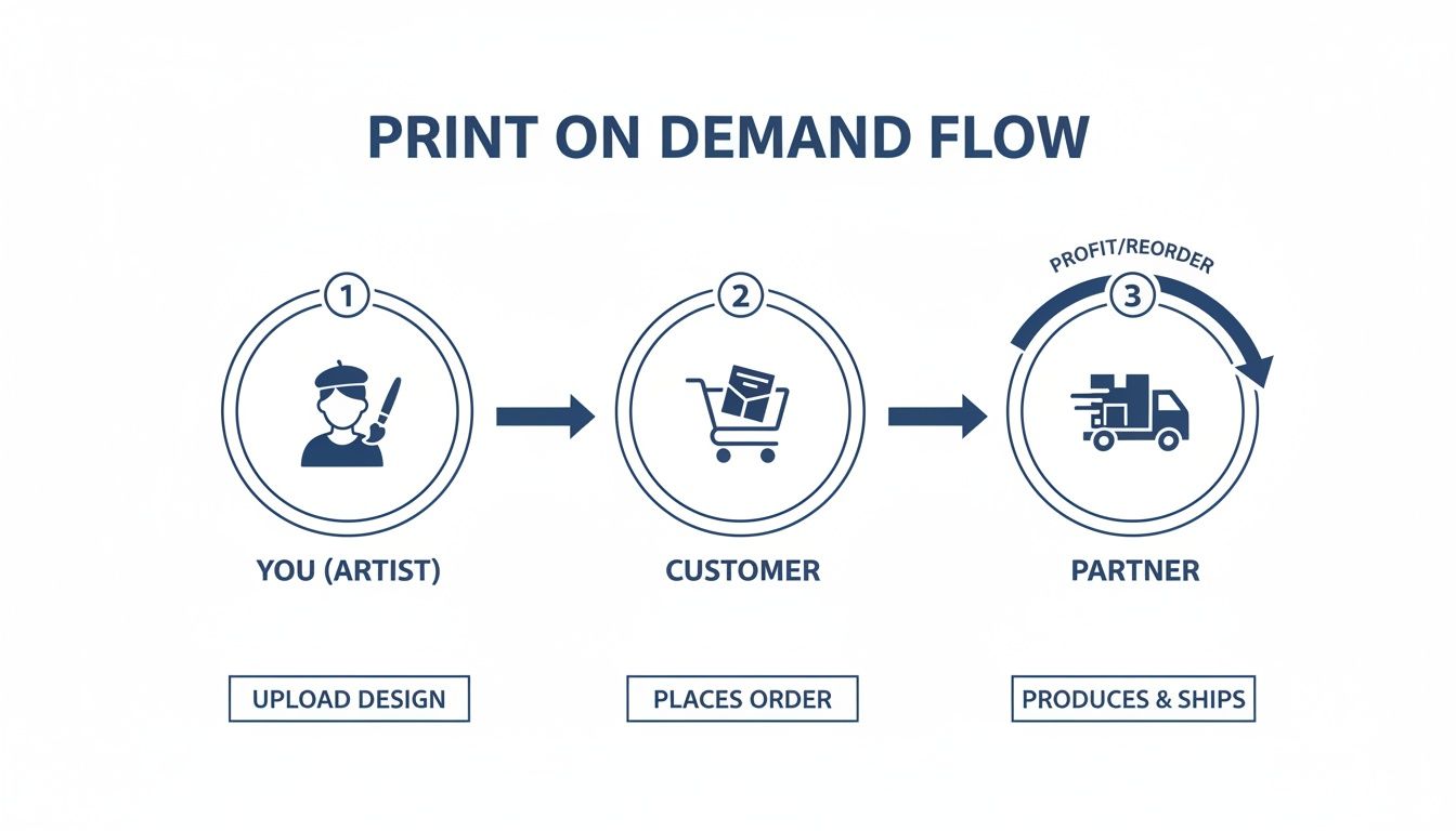 A diagram illustrating the print on demand business flow from artist design to customer order and partner shipping.