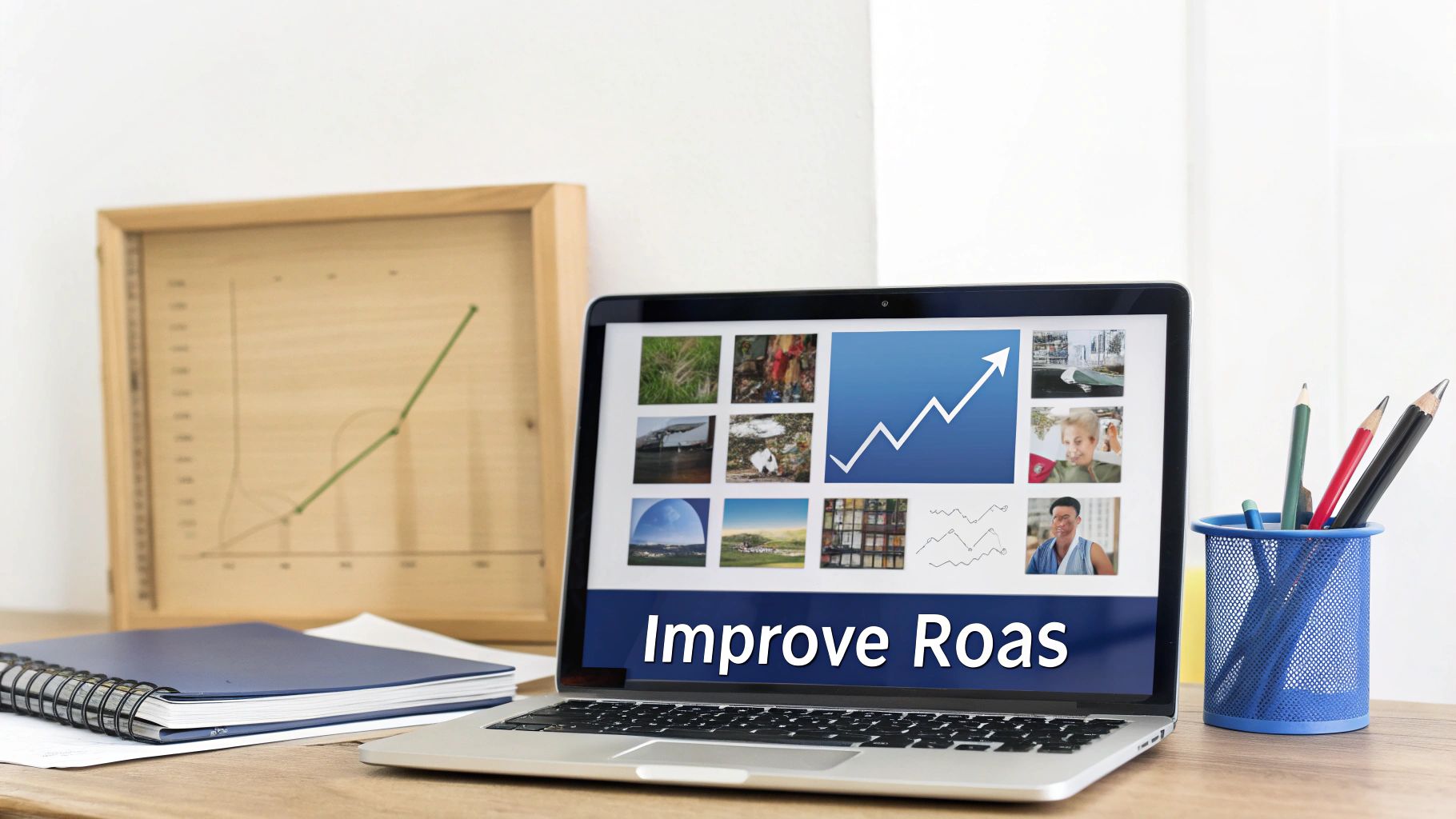 Laptop screen with "Improve Roas" and a rising graph, on a desk with office supplies.