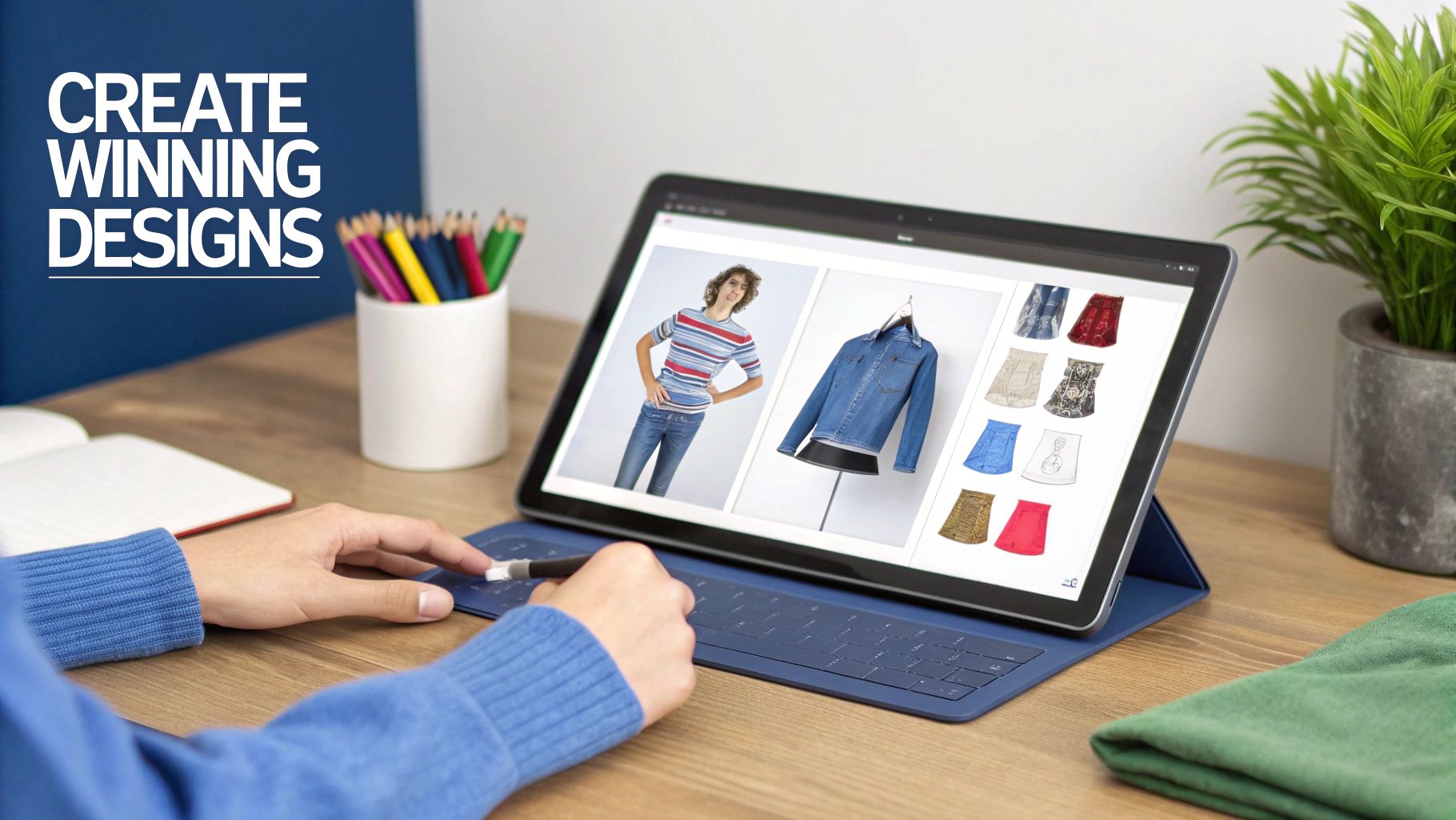A designer works on a tablet displaying various apparel options and a denim jacket.