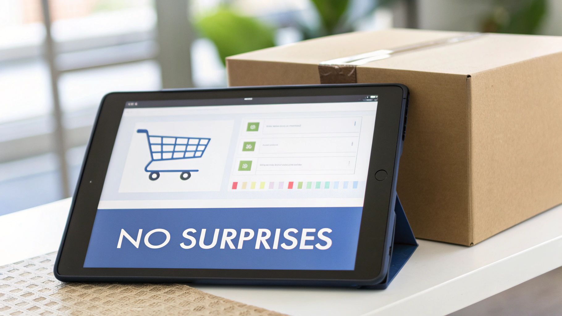 A tablet with an online shopping cart and 'NO SURPRISES' displayed, next to a delivery box.
