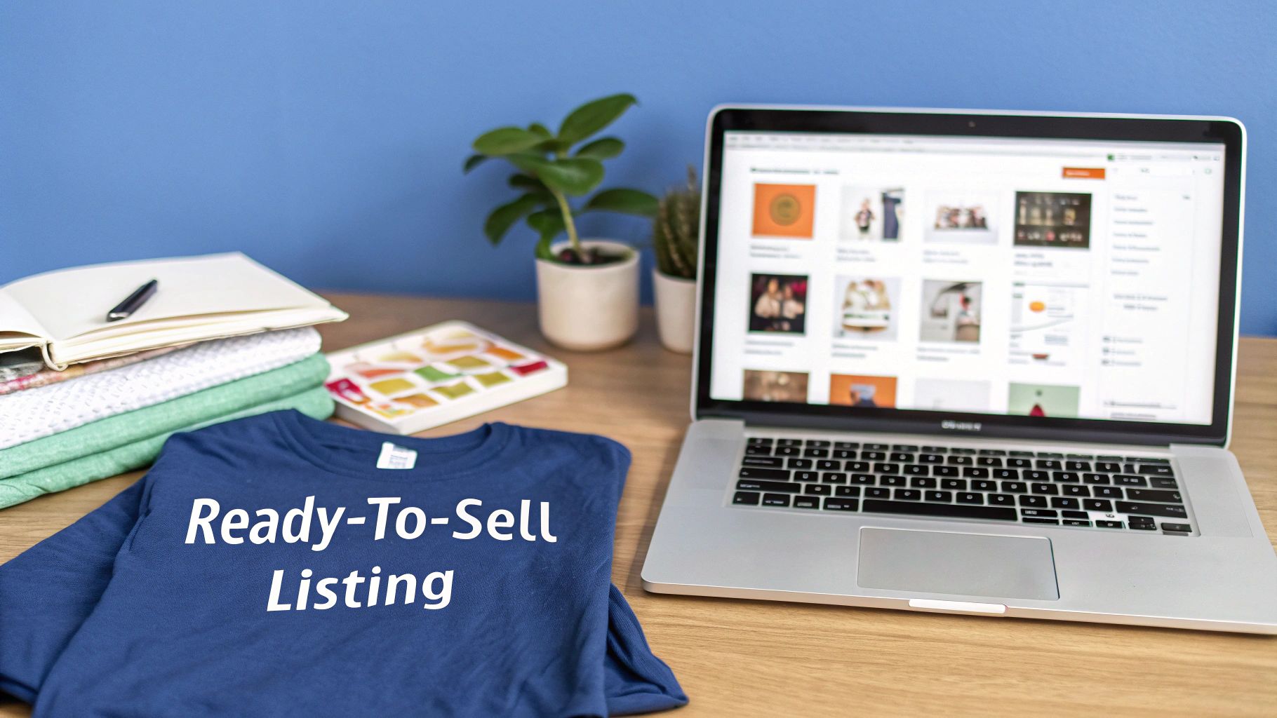 A blue shirt with 'Ready-To-Sell Listing' text, next to a laptop displaying an e-commerce website, and notes.