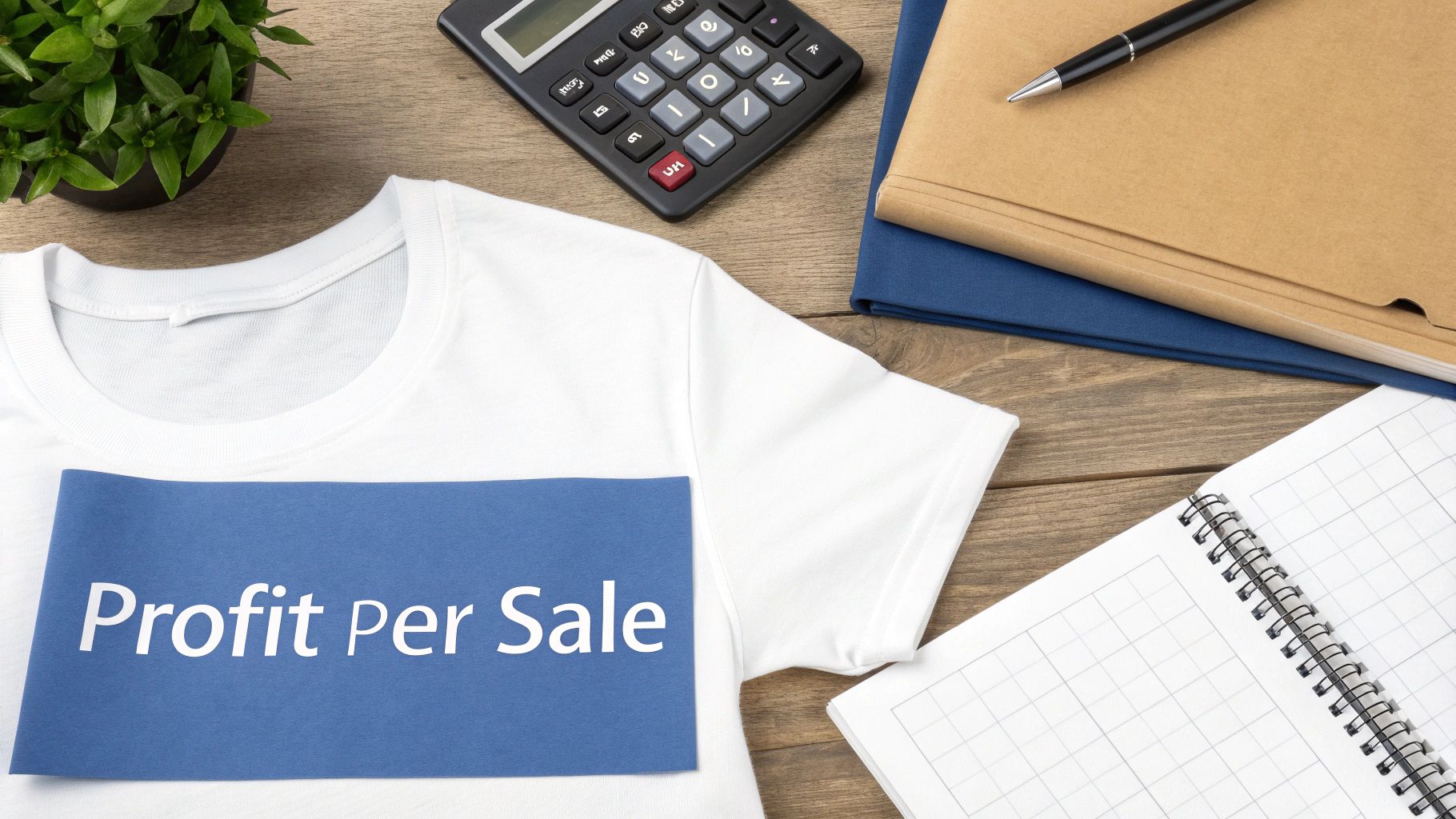 A white t-shirt with a blue banner displaying "Profit Per Sale" text, surrounded by a calculator, plant, and notebooks on a wooden desk.