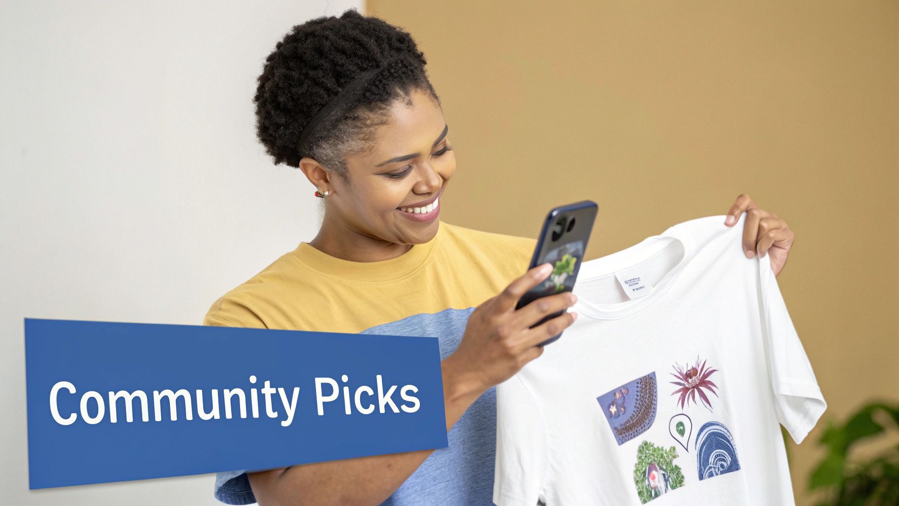 Smiling woman photographing a white t-shirt with colorful designs, showcasing "Community Picks."