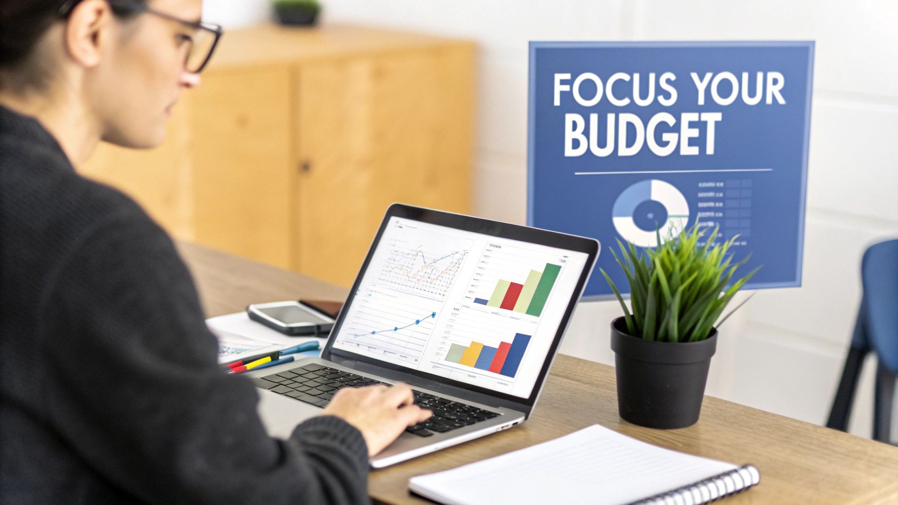 A person analyzes budget data and financial charts on a laptop with a "FOCUS YOUR BUDGET" sign.