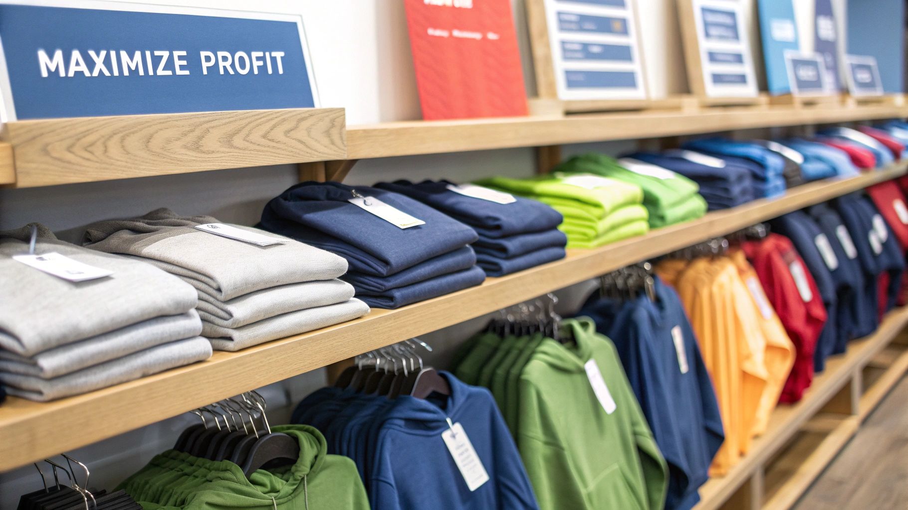 Colorful apparel, including sweaters and hoodies, displayed in a retail store with a 'MAXIMIZE PROFIT' sign.