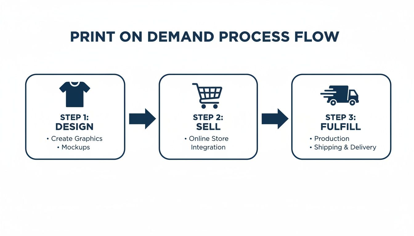 A three-step print on demand process flow illustrating design, sell, and fulfillment.