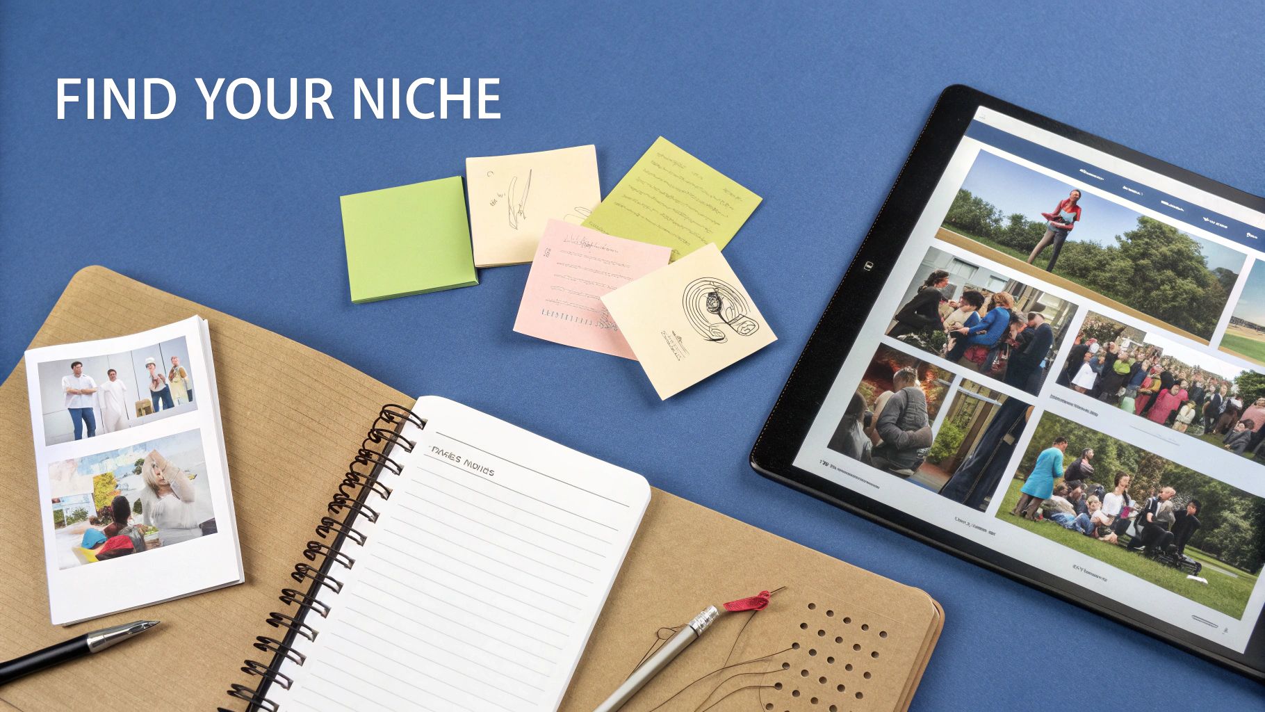 Overhead shot of a tablet displaying photos, sticky notes, and notebooks with the text 'FIND YOUR NICHE'.