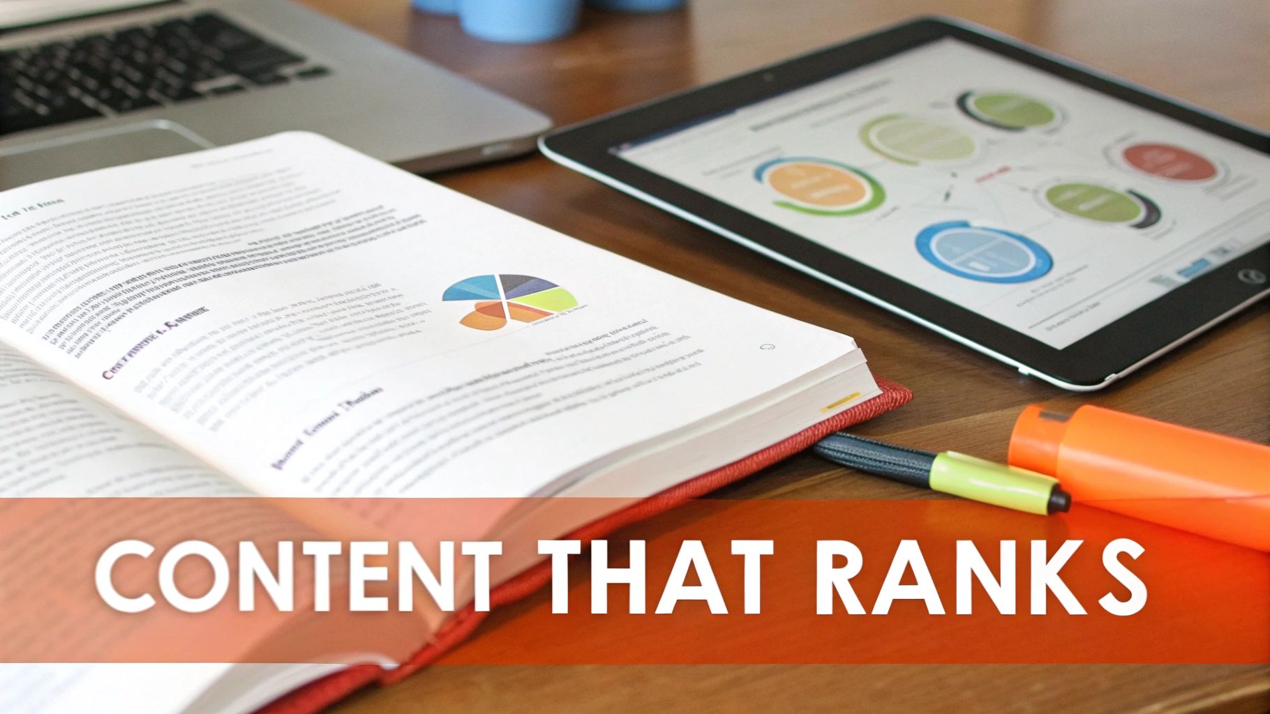 Digital marketing workspace with laptop, tablet displaying analytics charts, and printed report with pie chart