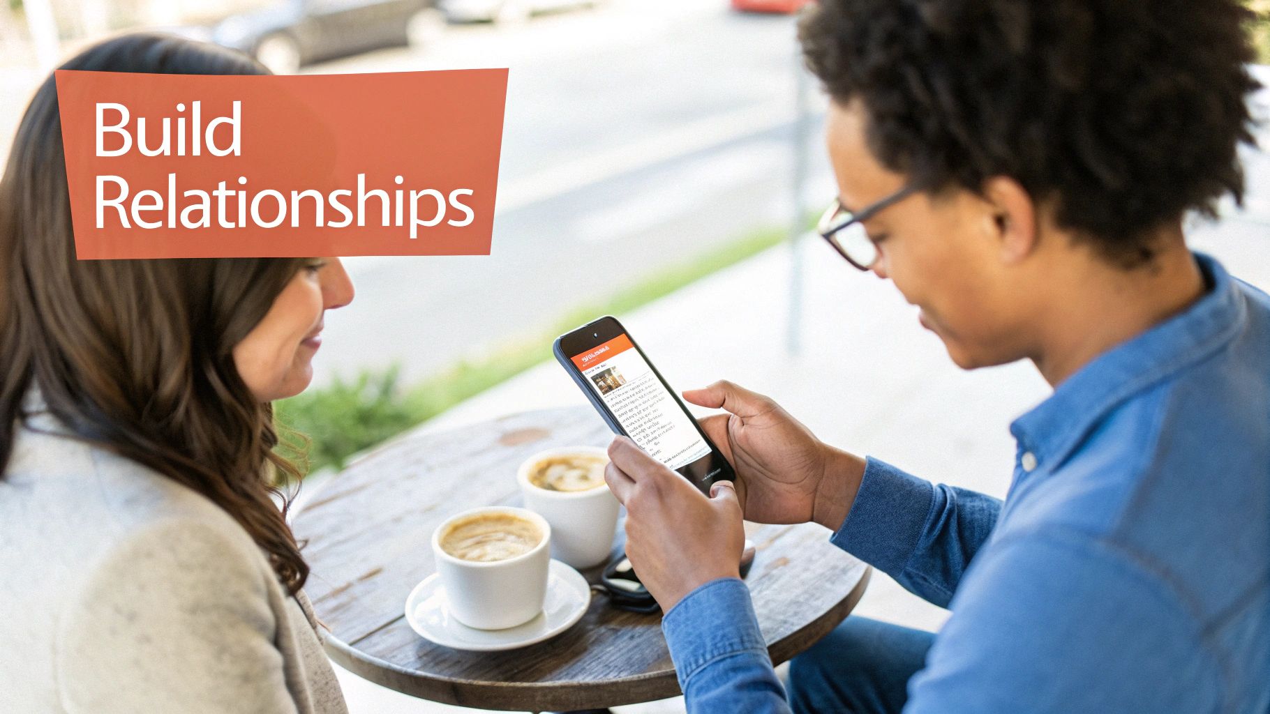 Two people sit at a cafe table, one showing a smartphone with 'Build Relationships' text.