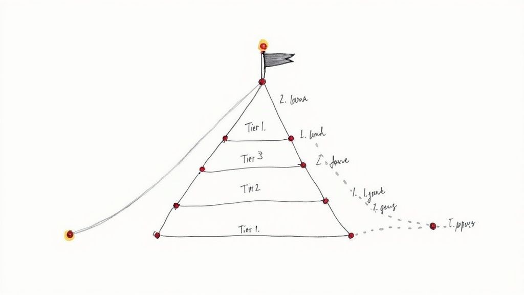 A visual representation of a tiered link building pyramid structure, showing links flowing from a broad base upwards to a single website at the top.